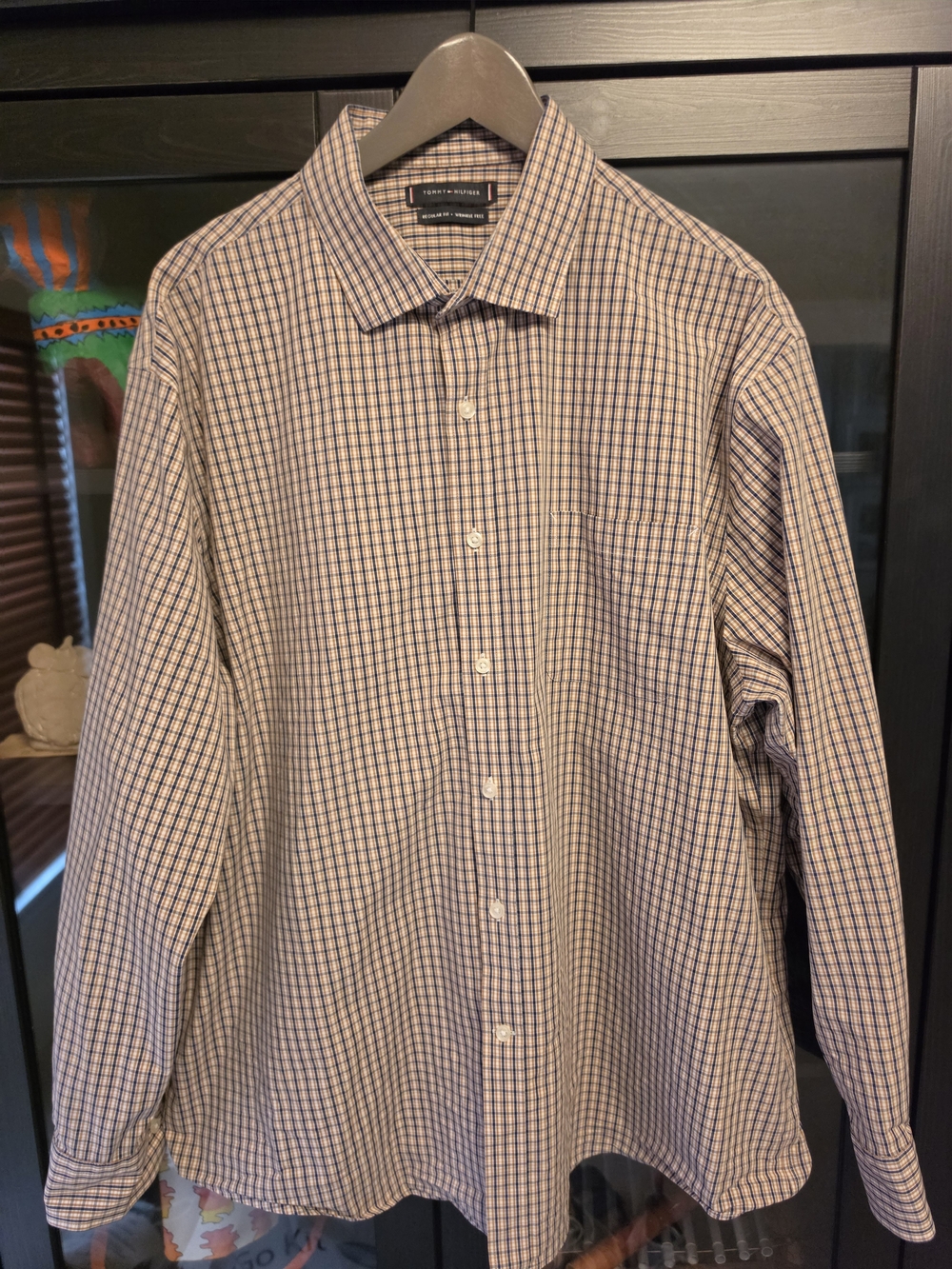 Tommy Hilfiger Men's Gold and Blue Checked Dress Shirt